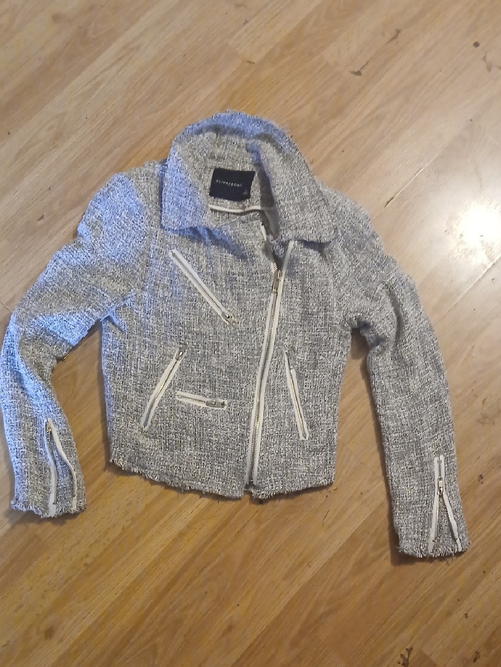 OliviaciousTextured Gray Tweed Moto Jacket Raw Sleeves And Hem